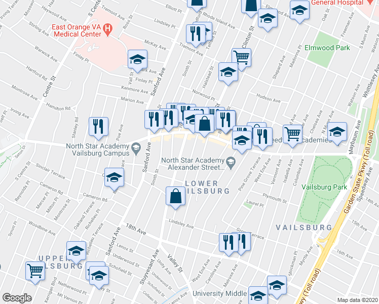 map of restaurants, bars, coffee shops, grocery stores, and more near 57 Norwood Street in Newark