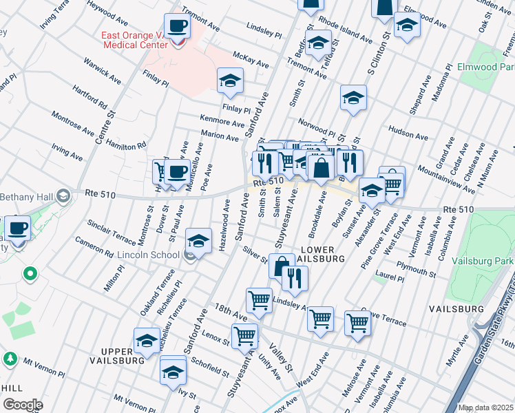 map of restaurants, bars, coffee shops, grocery stores, and more near 17 Rockland Terrace in Newark