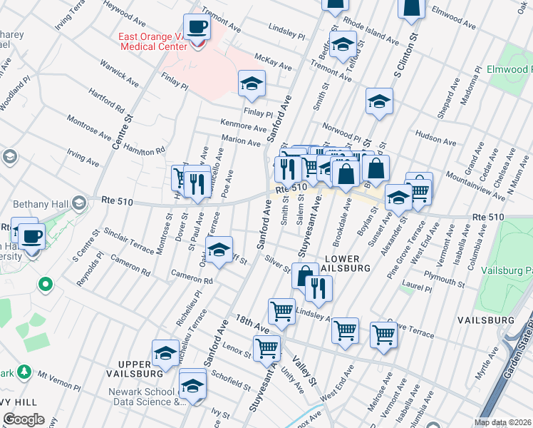 map of restaurants, bars, coffee shops, grocery stores, and more near 500 Sanford Avenue in Newark