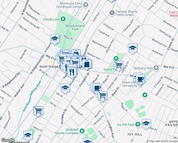 map of restaurants, bars, coffee shops, grocery stores, and more near 121 Irvington Avenue in South Orange