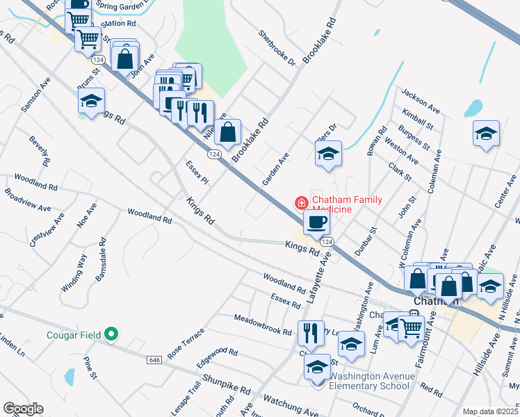 map of restaurants, bars, coffee shops, grocery stores, and more near 535 Main Street in Chatham