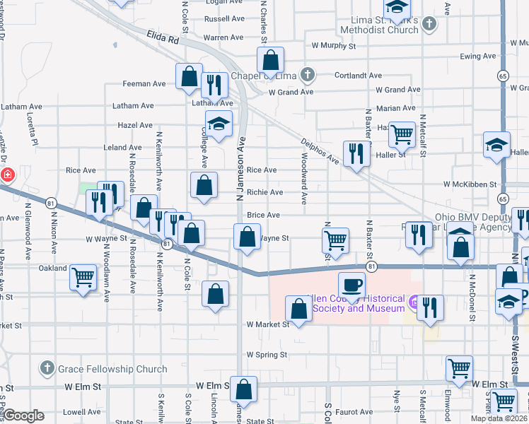 map of restaurants, bars, coffee shops, grocery stores, and more near 417 North Charles Street in Lima