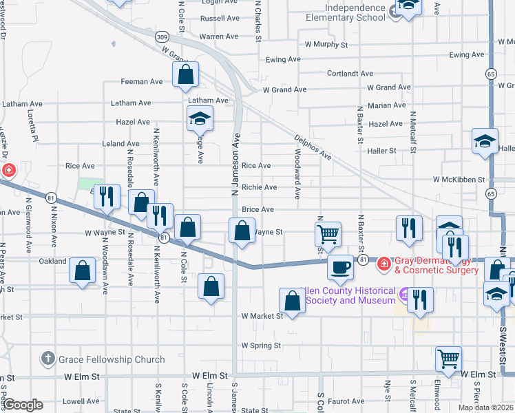 map of restaurants, bars, coffee shops, grocery stores, and more near 417 North Charles Street in Lima