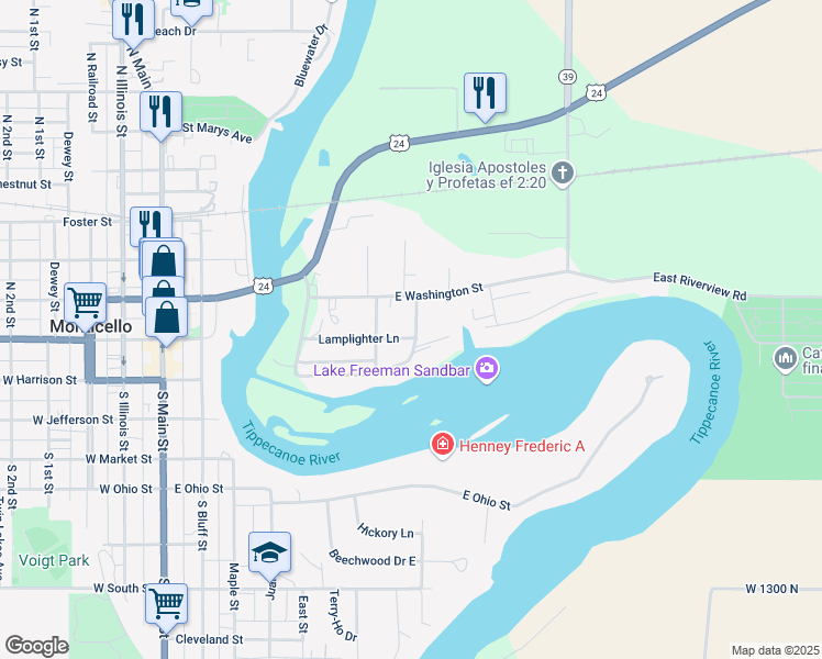 map of restaurants, bars, coffee shops, grocery stores, and more near 418 East Lakeside Drive in Monticello