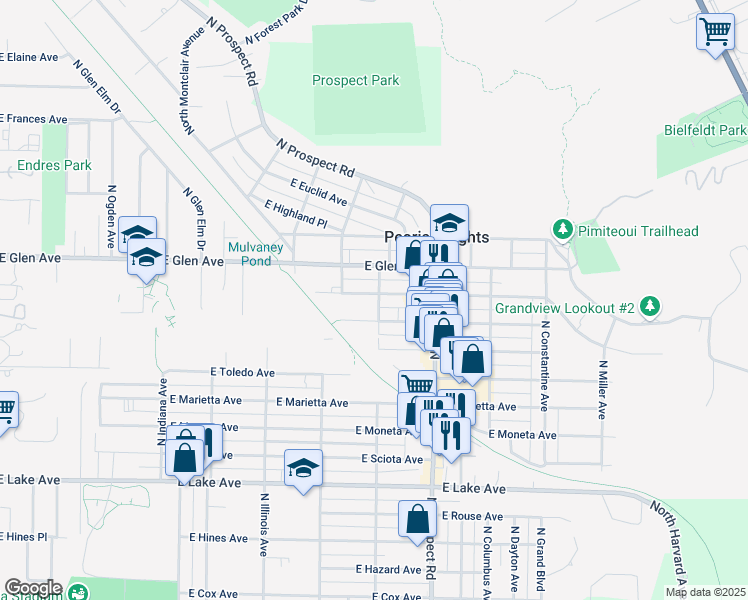 map of restaurants, bars, coffee shops, grocery stores, and more near 1117 East Duryea Avenue in Peoria Heights