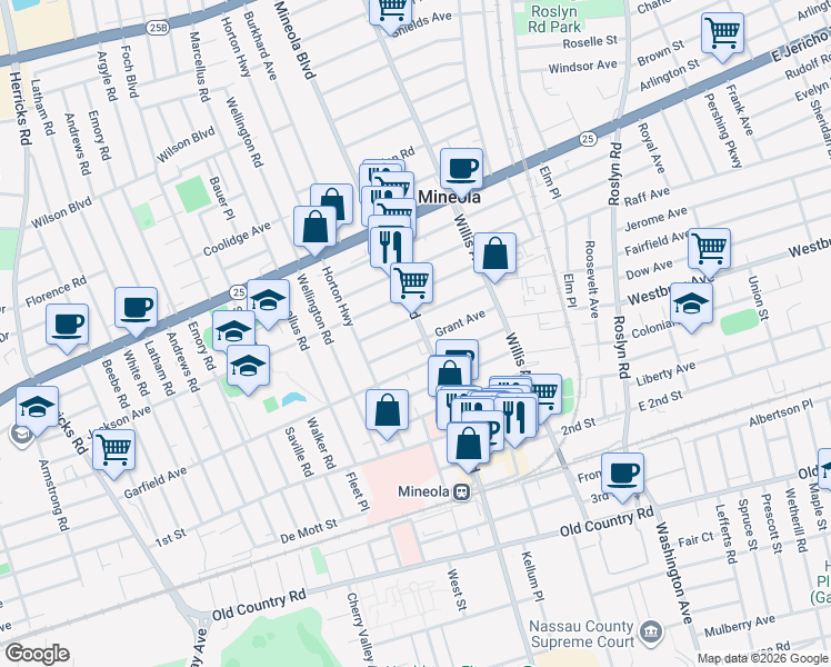 map of restaurants, bars, coffee shops, grocery stores, and more near 218 Garfield Avenue in Mineola