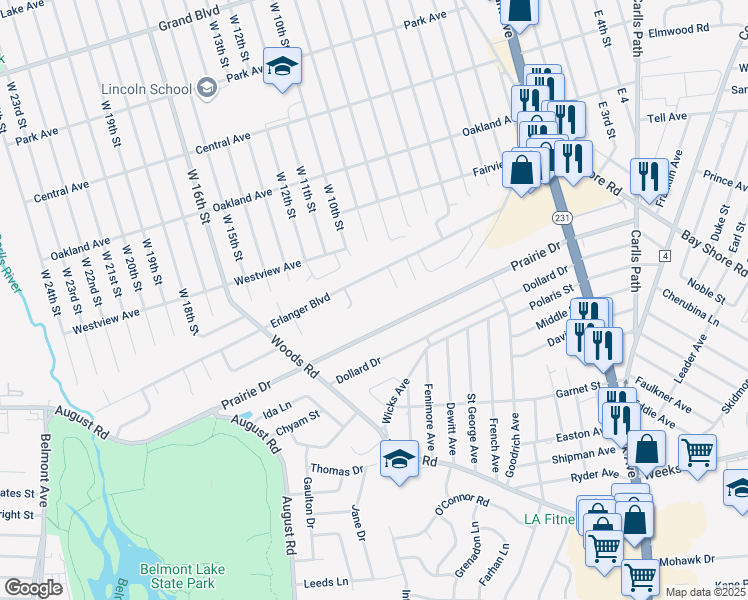 map of restaurants, bars, coffee shops, grocery stores, and more near 139 Prairie Drive in North Babylon