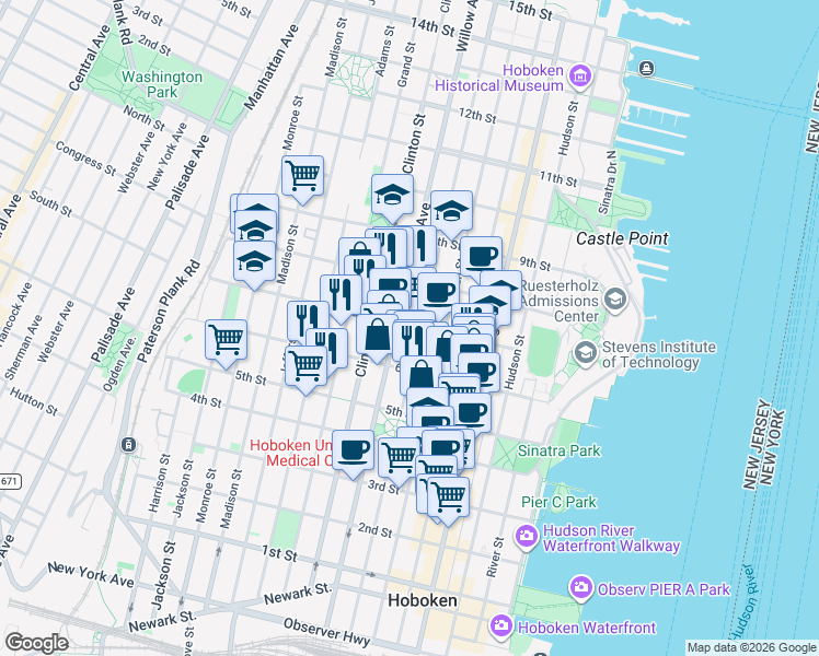 map of restaurants, bars, coffee shops, grocery stores, and more near in Hoboken