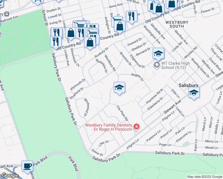 map of restaurants, bars, coffee shops, grocery stores, and more near in Westbury