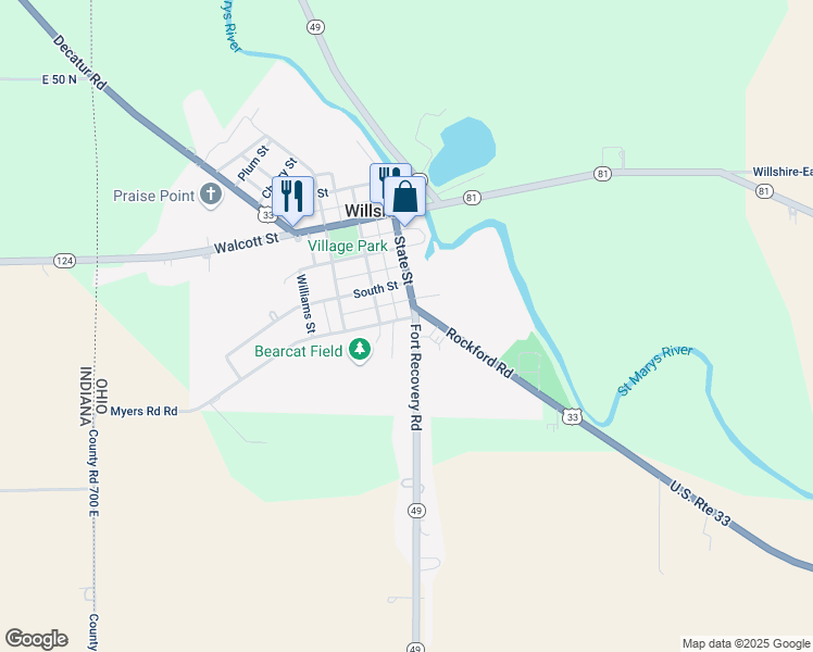 map of restaurants, bars, coffee shops, grocery stores, and more near 611 Ohio 49 in Willshire