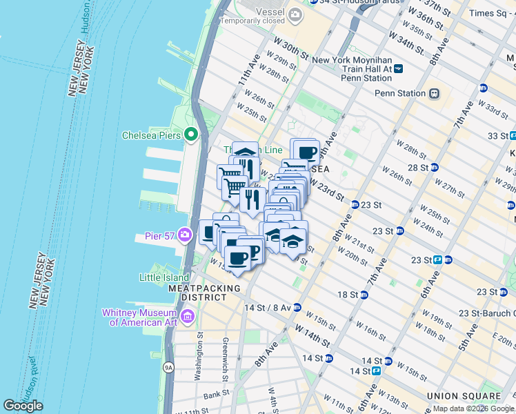 map of restaurants, bars, coffee shops, grocery stores, and more near 458 West 20th Street in New York