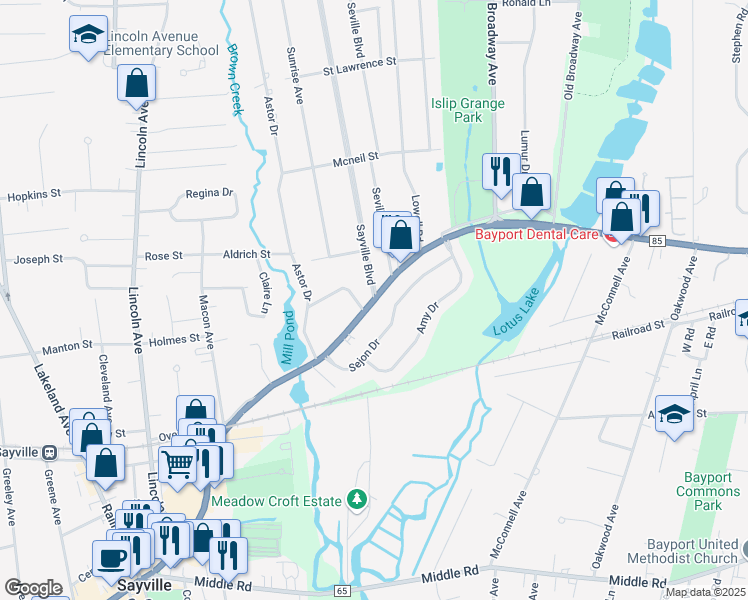 map of restaurants, bars, coffee shops, grocery stores, and more near County Rd 85 & Sayville Blvd in Sayville