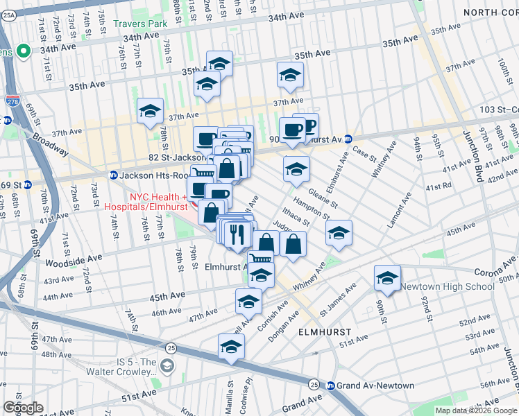 map of restaurants, bars, coffee shops, grocery stores, and more near 42-47 Ketcham Street in Queens
