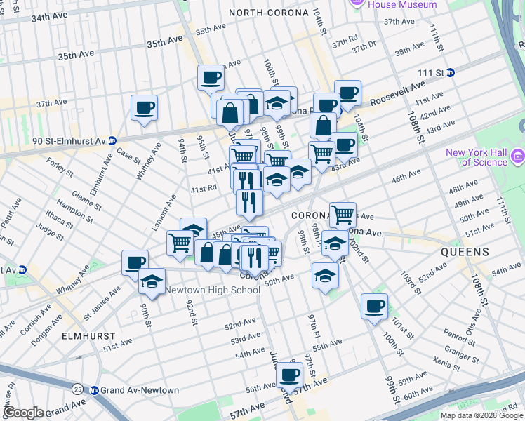 map of restaurants, bars, coffee shops, grocery stores, and more near 96-04 45th Avenue in Queens