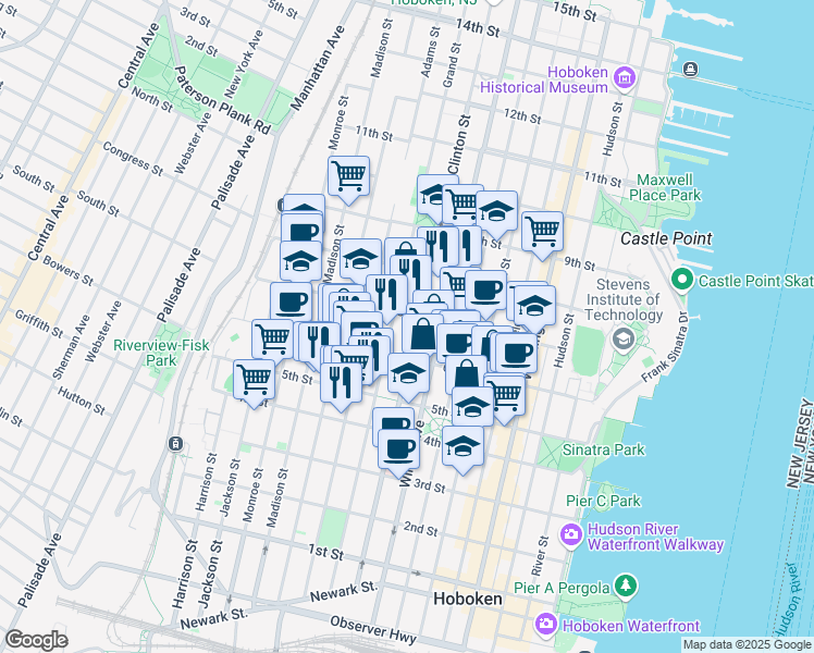 map of restaurants, bars, coffee shops, grocery stores, and more near 614 Clinton Street in Hoboken