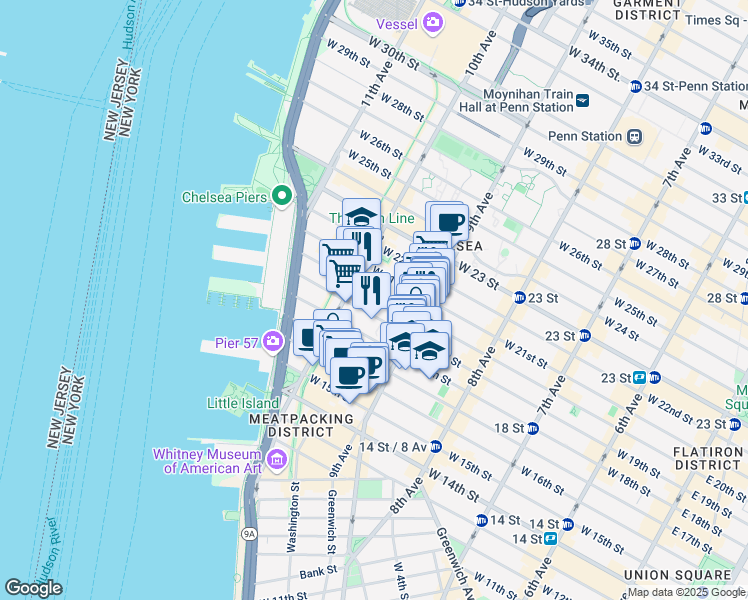 map of restaurants, bars, coffee shops, grocery stores, and more near 421 West 19th Street in New York