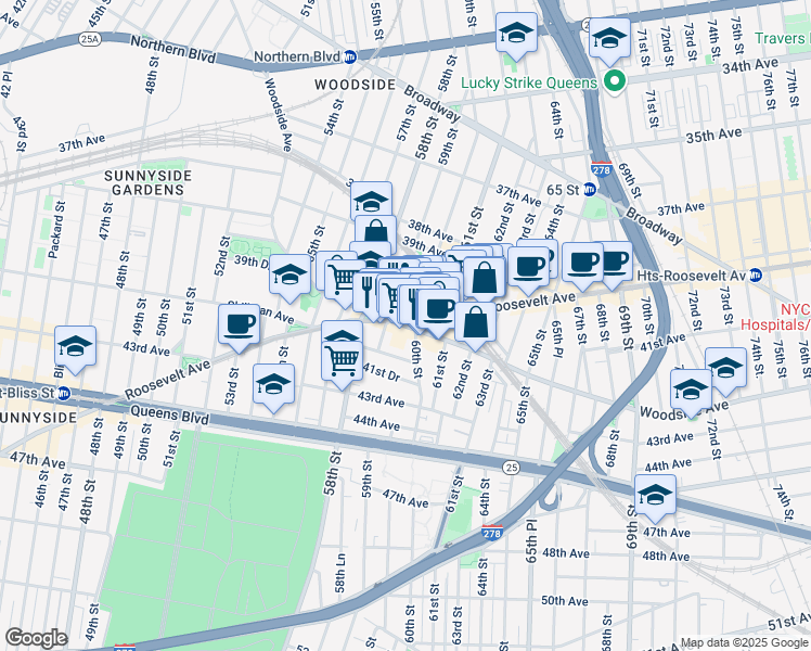 map of restaurants, bars, coffee shops, grocery stores, and more near 59-23 41st Avenue in Queens