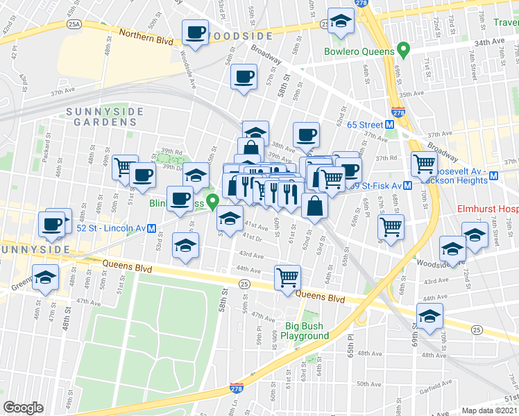 map of restaurants, bars, coffee shops, grocery stores, and more near 59-02 Woodside Avenue in Queens