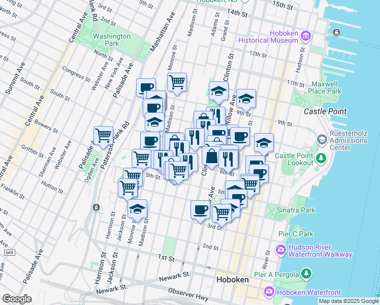 map of restaurants, bars, coffee shops, grocery stores, and more near 619 Adams Street in Hoboken