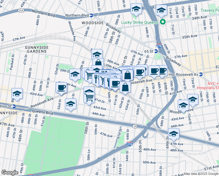 map of restaurants, bars, coffee shops, grocery stores, and more near 6002 Roosevelt Avenue in Queens