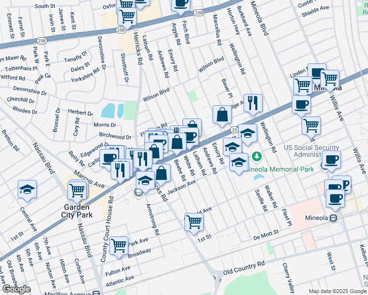map of restaurants, bars, coffee shops, grocery stores, and more near 258 White Road in Mineola
