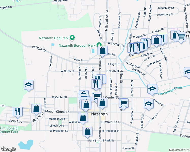 map of restaurants, bars, coffee shops, grocery stores, and more near 146 North Spruce Street in Nazareth