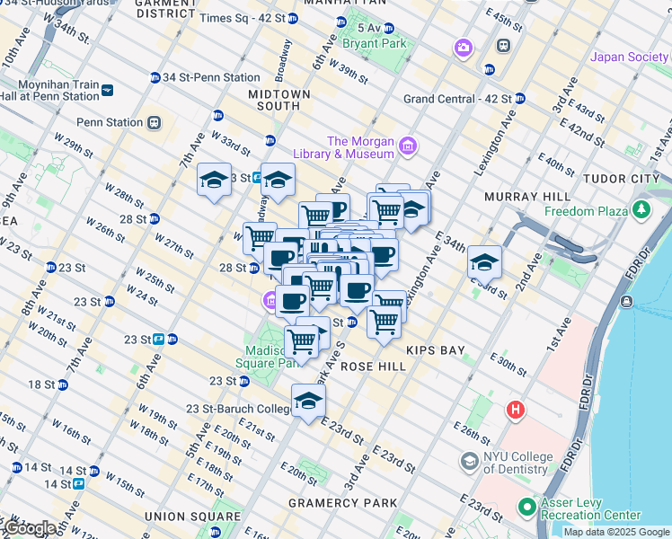 map of restaurants, bars, coffee shops, grocery stores, and more near Madison Ave & E 30th St in New York