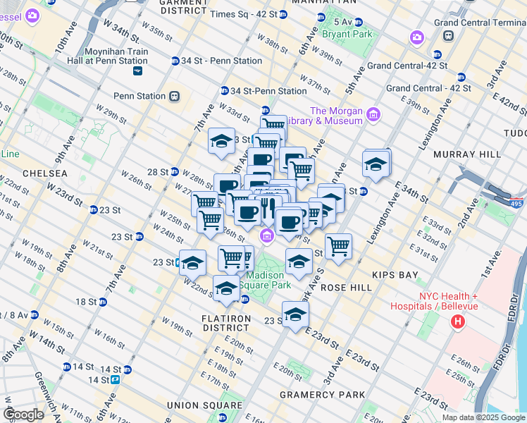 map of restaurants, bars, coffee shops, grocery stores, and more near 236 5th Avenue in New York
