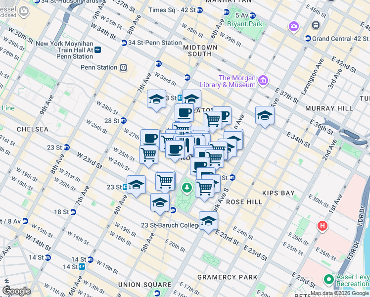 map of restaurants, bars, coffee shops, grocery stores, and more near 236 5th Avenue in New York