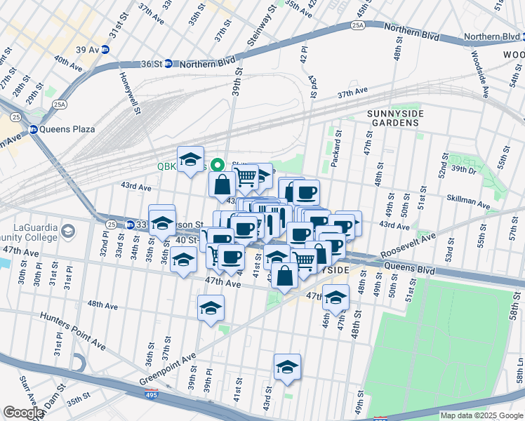 map of restaurants, bars, coffee shops, grocery stores, and more near 43-33 41st Street in Queens