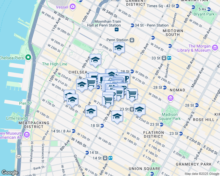 map of restaurants, bars, coffee shops, grocery stores, and more near 250 West 24th Street in New York