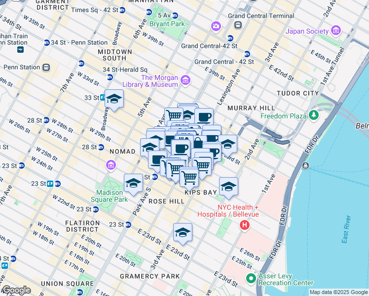 map of restaurants, bars, coffee shops, grocery stores, and more near 114 East 32nd Street in New York