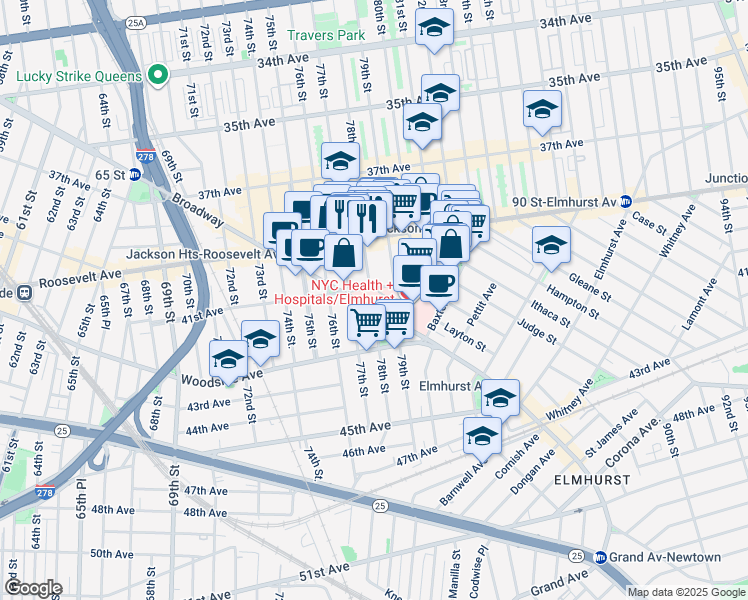 map of restaurants, bars, coffee shops, grocery stores, and more near 78-00 Broadway in Queens