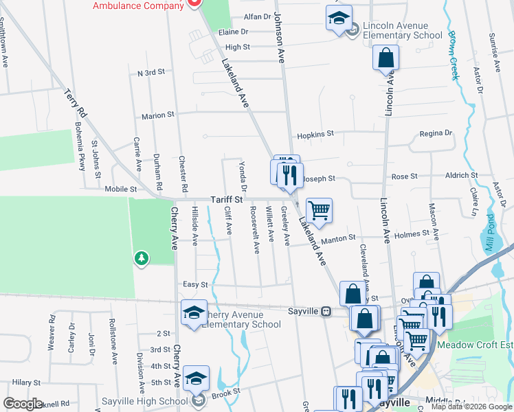 map of restaurants, bars, coffee shops, grocery stores, and more near 19 Tariff Street in Sayville