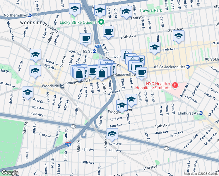 map of restaurants, bars, coffee shops, grocery stores, and more near in Queens