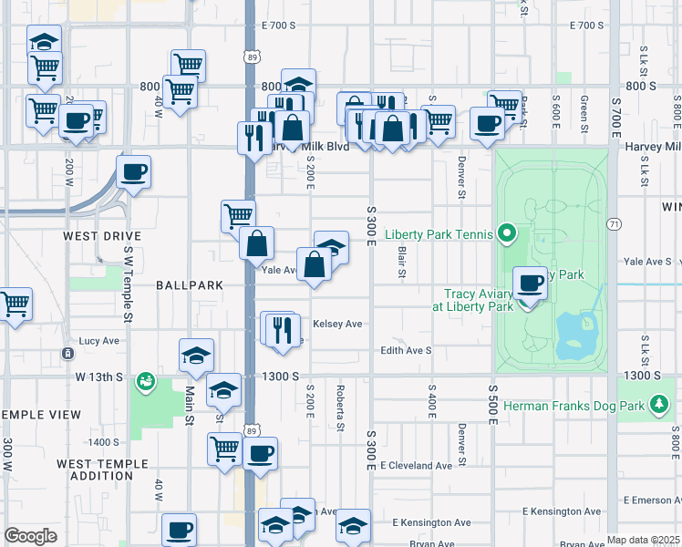 map of restaurants, bars, coffee shops, grocery stores, and more near 1090 Roberta Street in Salt Lake City