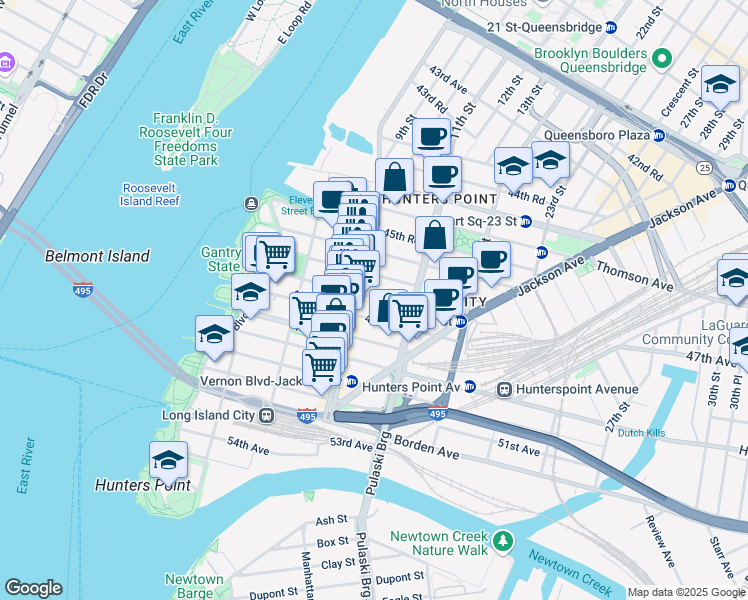 map of restaurants, bars, coffee shops, grocery stores, and more near 46-31 Vernon Boulevard in Queens