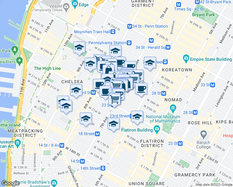 map of restaurants, bars, coffee shops, grocery stores, and more near 220w West 26th Street in New York