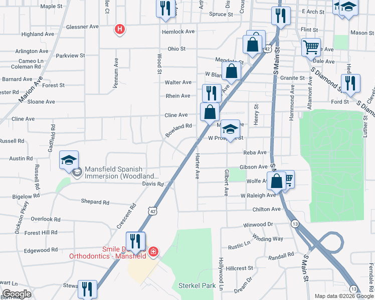 map of restaurants, bars, coffee shops, grocery stores, and more near 336 Lexington Avenue in Mansfield