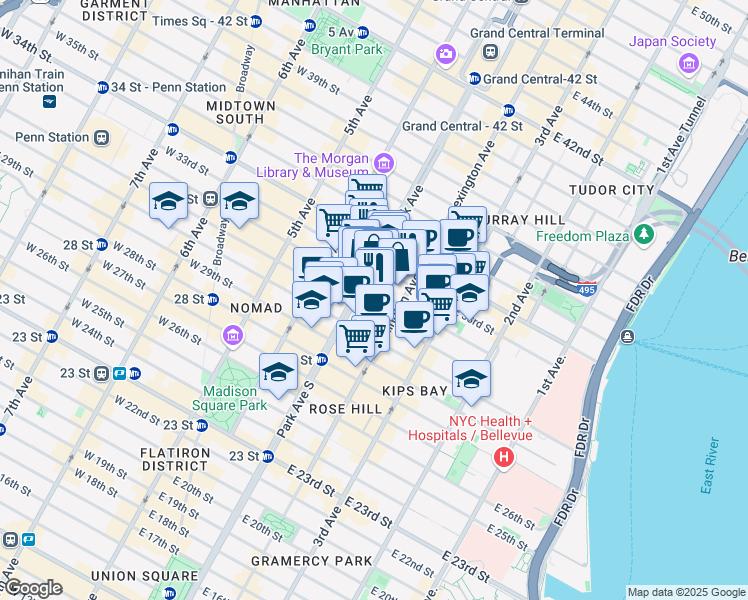 map of restaurants, bars, coffee shops, grocery stores, and more near 114 East 32nd Street in New York