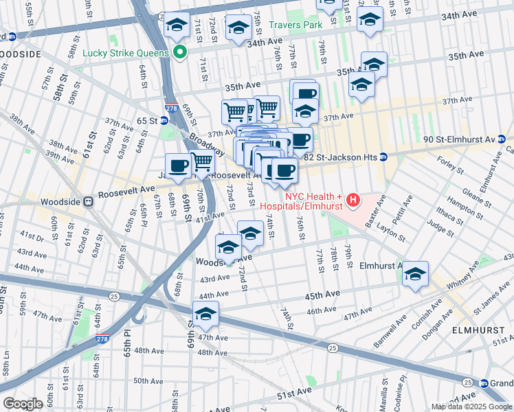 map of restaurants, bars, coffee shops, grocery stores, and more near 73-01 73rd Street in Queens
