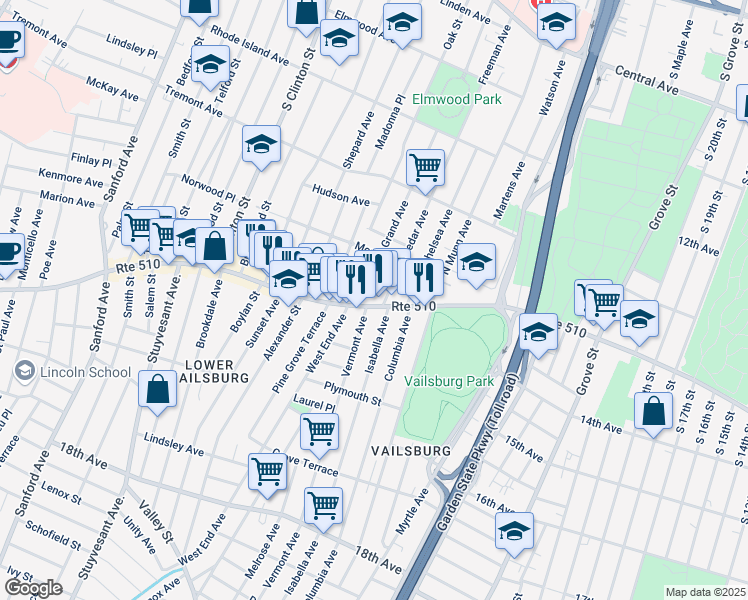 map of restaurants, bars, coffee shops, grocery stores, and more near 21 Cedar Avenue in Newark