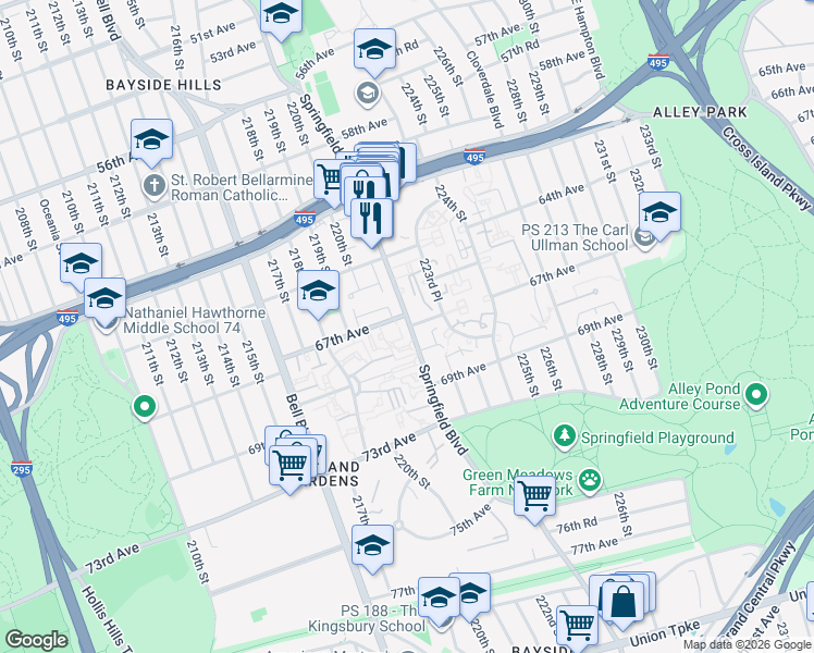 map of restaurants, bars, coffee shops, grocery stores, and more near 64-43 Springfield Boulevard in Queens
