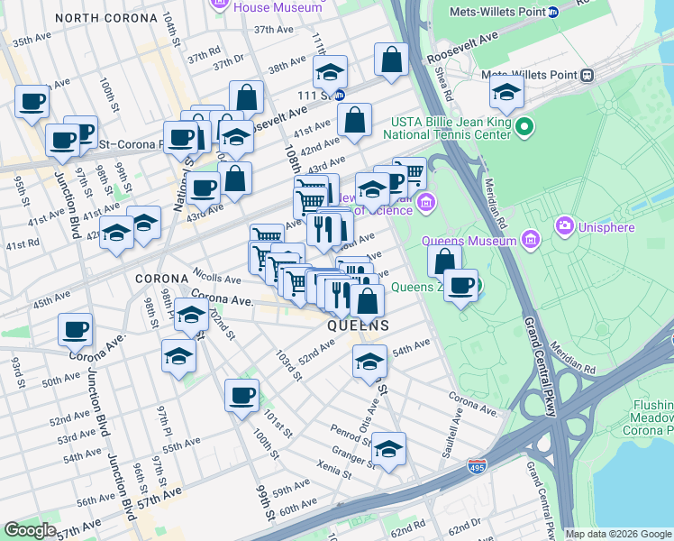 map of restaurants, bars, coffee shops, grocery stores, and more near 108-20 48th Avenue in Queens