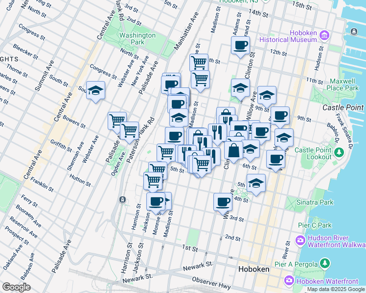 map of restaurants, bars, coffee shops, grocery stores, and more near 625 Madison Street in Hoboken