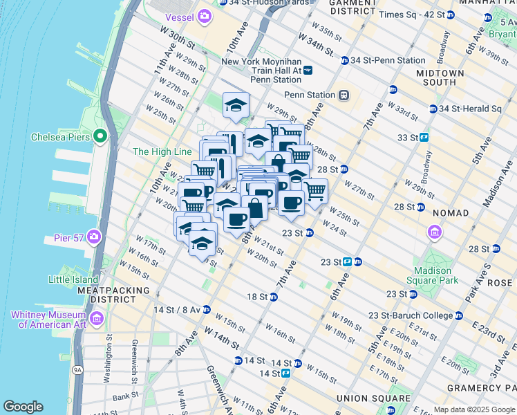 map of restaurants, bars, coffee shops, grocery stores, and more near 338 1/2 West 23rd Street in New York