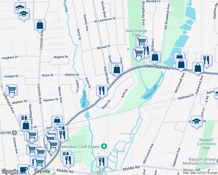 map of restaurants, bars, coffee shops, grocery stores, and more near County Rd 85 & Sayville Blvd in Sayville