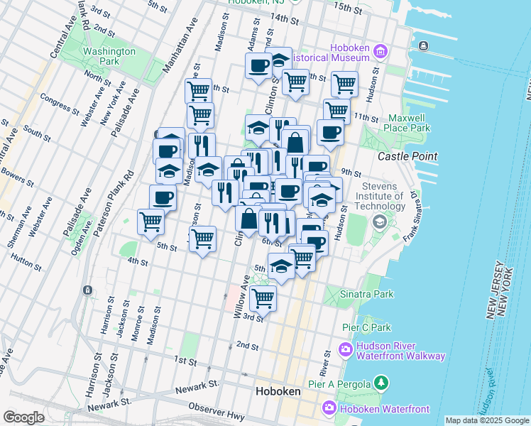 map of restaurants, bars, coffee shops, grocery stores, and more near 712 Willow Avenue in Hoboken