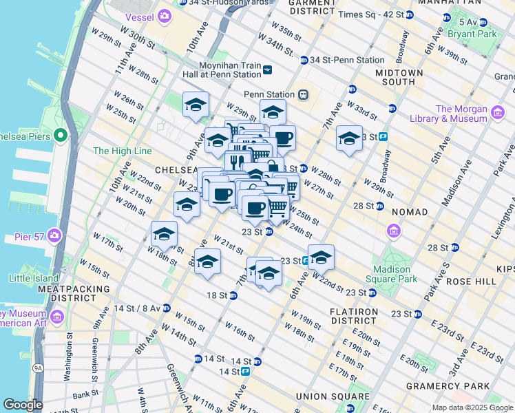 map of restaurants, bars, coffee shops, grocery stores, and more near 225 West 24th Street in New York