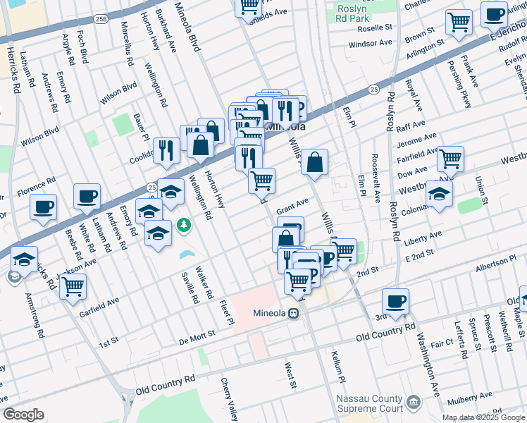 map of restaurants, bars, coffee shops, grocery stores, and more near 205 Mineola Boulevard in Mineola